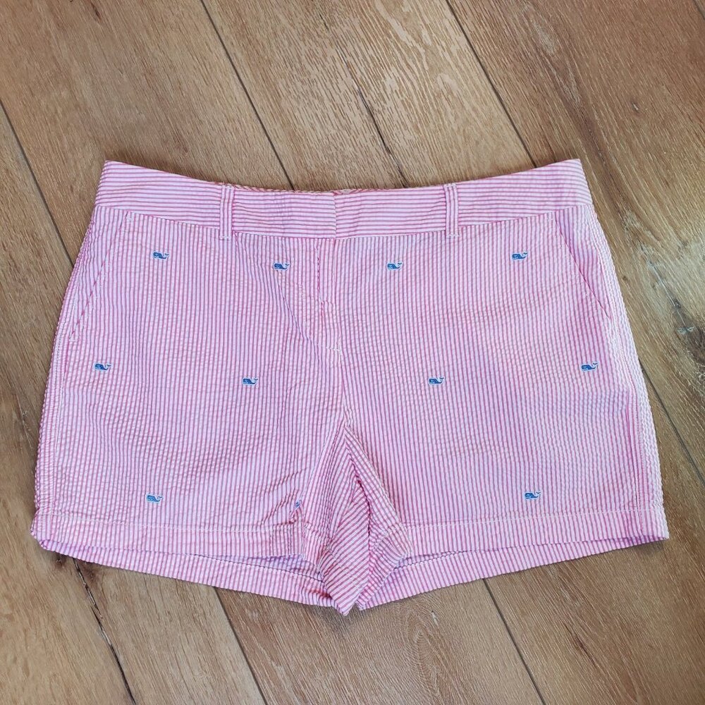 Vineyard Vines Womens Seersucker Pink White Nautical Whale Size L Beachy Preppy - Picture 1 of 14